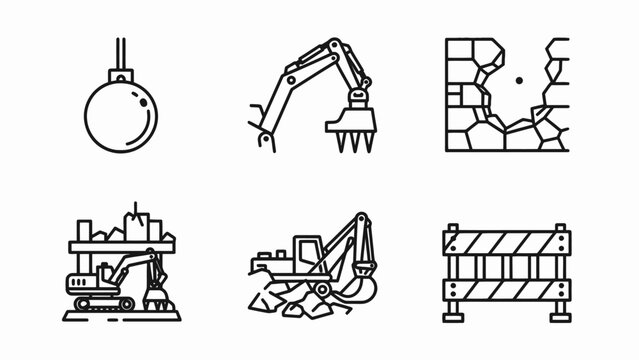 Demolition Icons: Wrecking Ball, Excavator, Broken Wall, Construction