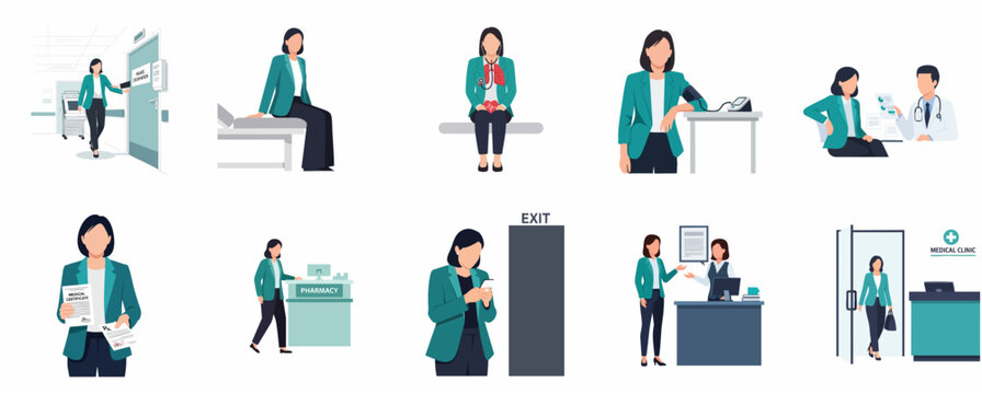 Patient Journey in Medical Clinic Set of Flat Illustrations Showing Examination, Consultation, and Prescription for Healthcare Concept