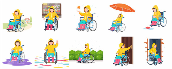 Fototapeta premium Set of vector illustrations featuring a young girl in a wheelchair wearing a yellow raincoat, enjoying various rainy day activities and autumn weather.