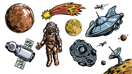 Space exploration vector elements. Astronaut, spaceship, and planet icons. Vintage comic book style galaxy adventure stickers set. © DandiPdn