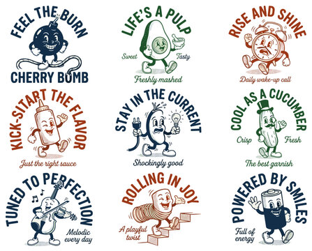 Vintage rubber hose mascot collection. Retro 1930s cartoon characters with funny puns. Whimsical sticker and badge vector designs.