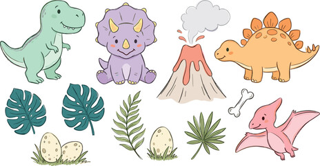 Cute Baby Dinosaur Vector Icon Set Featuring Tyrannosaurus Rex, Triceratops, Stegosaurus, Pterodactyl, Erupting Volcano, Eggs, and Tropical Monstera Leaves © Ismail