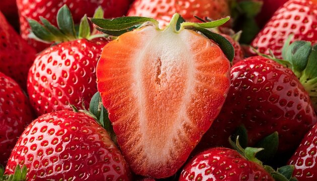 strawberries halved macro on a bed of strawberries