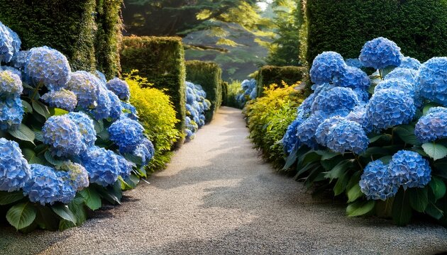 garden path lined with blue hydrangea macrophylla bushes with large blooms and yellow buds