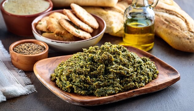 australian wattle seed dukkah and crackers served with olive oil and balsamic vinegar with crusty baguette bread