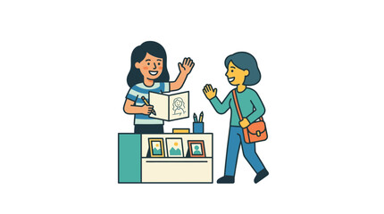 Obraz premium Artist drawing portrait, customer waving hello at art fair stand, illustration