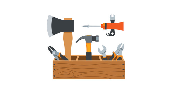 Wooden tool box filled with essential hand tools including an axe and hammer with pliers for carpentry projects.