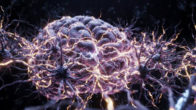 3D Illustration of Neuron Cells with Light Impulses - This 3D illustration depicts a complex network of interconnected neuron cells, with glowing light impulses traveling through their branches.