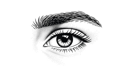 Obraz premium Detailed black and white stipple drawing of a human eye with eyebrow showing fine lashes and realistic iris texture.
