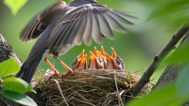 A thrush nest filled with 4-5 baby chicks sitting inside, all with wide open
bright yellow-orange beaks pointing upward, desperately begging for food