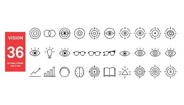 Set of vision line icons featuring abstract eye shapes target marks and diagrams.