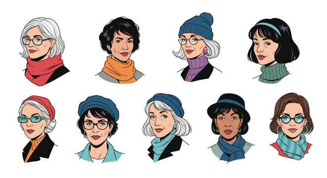 Collection of portraits of diverse women of different ages and styles wearing glasses, hats, and scarves in a comic book art style.
