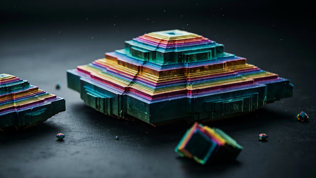 Iridescent bismuth crystal pyramid with layered geometric structure. Colorful metallic mineral specimen fractal illustration for science, chemistry, geology, and abstract luxury design concept