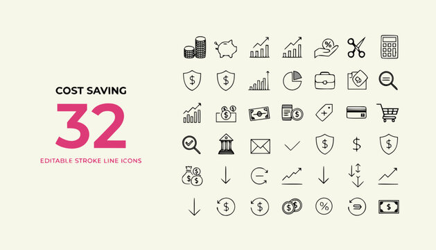 Thirty two cost saving icons for financial business planning and budget management.