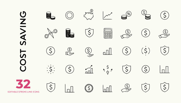 Thirty two cost saving and finance line icons for business planning and accounting.