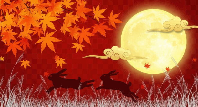 Autumnal moon rabbit scene with maple leaves