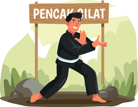 Pencak silat martial arts training illustration, Indonesian traditional combat sport, male fighter performing self defense technique, flat vector design concept