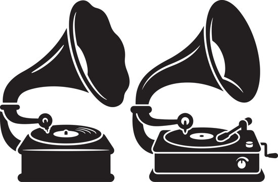 Vintage gramophone music player silhouette black vector set on white background with gramophone silhouette background illustration