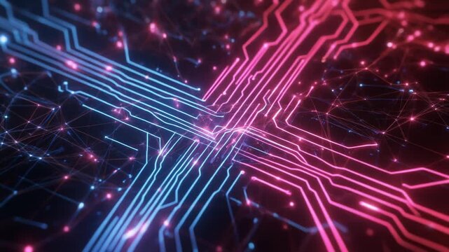 Glowing digital circuitry with intersecting blue‑pink pathways, symbolizing data exchange, communication networks, and technological flow.