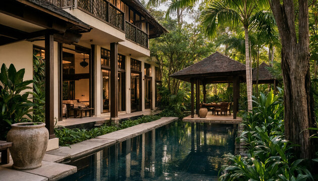 Elegant tropical villa outdoor living space with private pool and covered gazebo seating area tropical architecture vacation swimming courtyard lifestyle exterior peaceful aesthetic