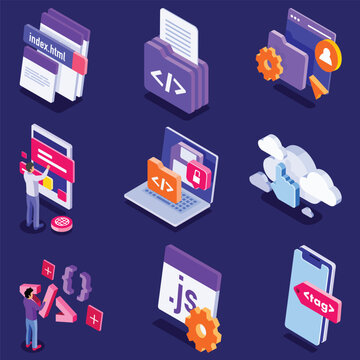 Programming and web development isometric icon set, JavaScript coding, HTML files, mobile app development, cloud computing, software engineering vector collection
