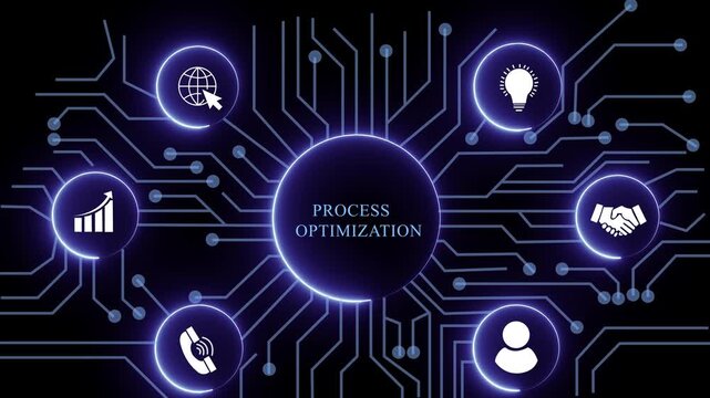 process optimization concept with circuit lines and digital symbols hovering above a businessman, technology. manufacturing process management all connected in a digital circle like pattern