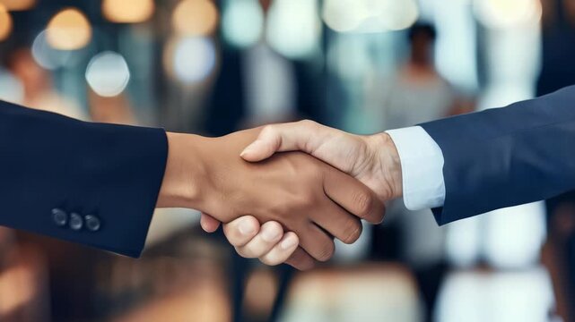 In a modern office, two business representatives shake hands, symbolizing the essential partnership and teamwork needed to achieve collective goals and success in a fastpaced work environment