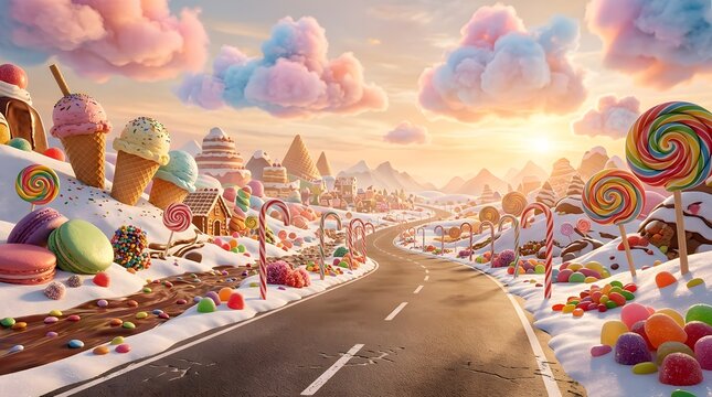 oversized lollipops, candy canes, and gumdrops lining the path, soft pastel-colored cotton candy clouds floating in the sky