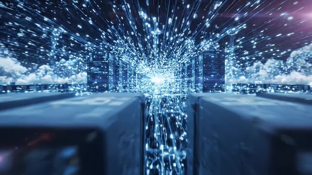 Digital Network Data Flow Through Server Infrastructure - Rows of servers are illuminated by streams of blue light representing data flow.