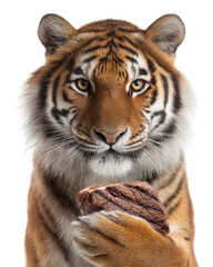 Fototapeta premium Close up Bengal tiger holding raw meat in paw isolated on transparent background