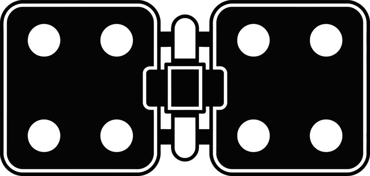 Black and white of two dice connected by a hinge mechanism with rounded corners and white dots 