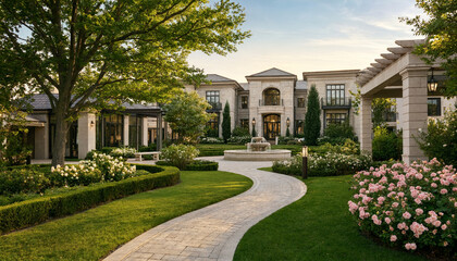 Obraz premium Luxury residential estate landscape featuring a grand stone manor house with a decorative fountain lush green lawns blooming rose bushes a winding stone pathway at golden hour, landscape