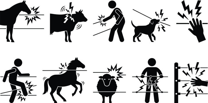 Icons showing animals and people receiving electric shocks from fences and wires danger hazard