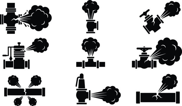 Industrial pipe leak and steam release icons broken