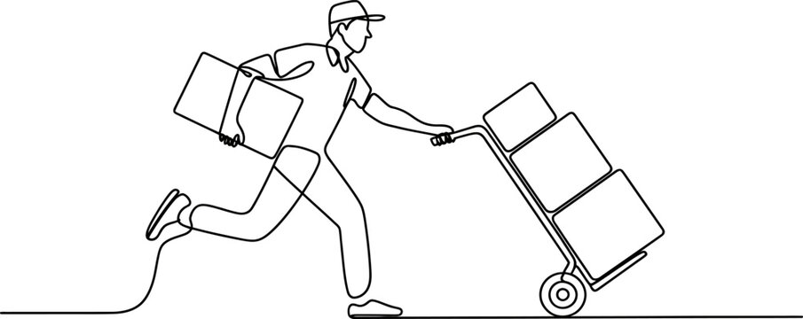 Courier running with three boxes on a hand truck and one box in hand single line 