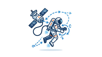 Fototapeta premium Astronaut Floating Near Satellite with Navigation Arrows
