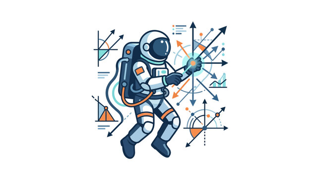 Astronaut interacting with complex mathematical graphs and data visualization in space