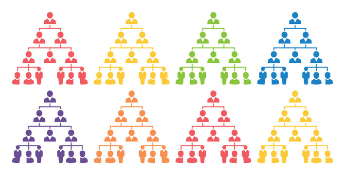 Set of 8 colorful pyramid scheme people network icons vector