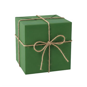 A single green gift box tied with rustic brown twine string and a beautiful bow for a special occasion
