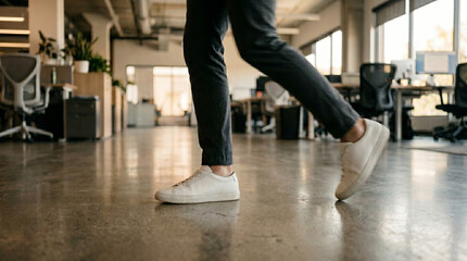Obraz premium Person walking in polished office corridor with white sneakers and dark pants symbolising casual professionalism, modern corporate culture, and dynamic business environment design
