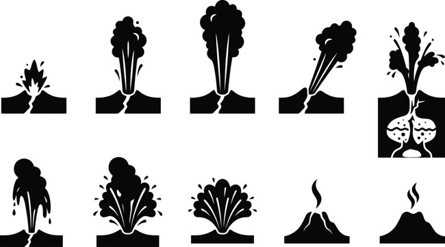 Black and white icons showing different types and stages of volcanic eruptions Keywords: volcano, eruption, volcanic eruption, explosion, steam, ash, lava, magma, geological, natural disaster