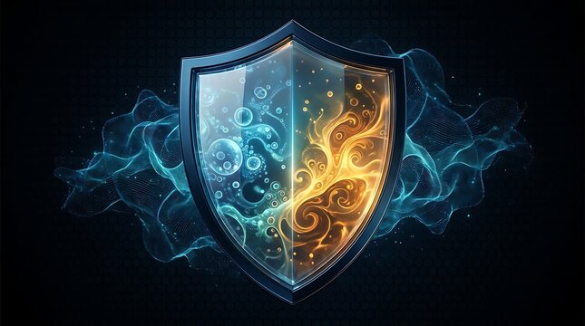 Shield with glowing blue and orange circuit patterns on black background