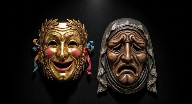 Theatrical comedy and tragedy masks on black background