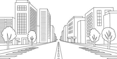 Fototapeta premium Linear perspective of a city street with buildings, trees, and a pedestrian crossing leading to a vanishing point