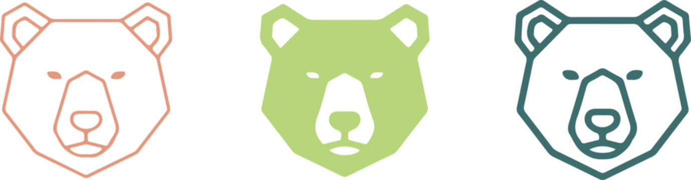 Bear Head Icon Set, Vector Hand Drawn Animal Face Illustration, Minimalist Forest Wildlife Graphic, Transparent Background Simple Design Elements