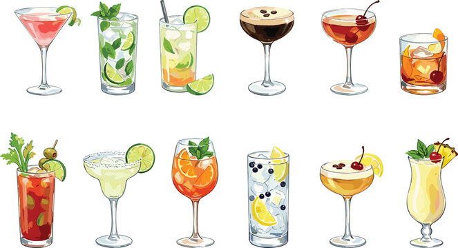 Watercolor Classic Cocktail Drinks Set with Cosmopolitan, Mojito, Bloody Mary, Margarita, Aperol Spritz, and Pina Colada Vector Illustrations for Bar Menu Designs