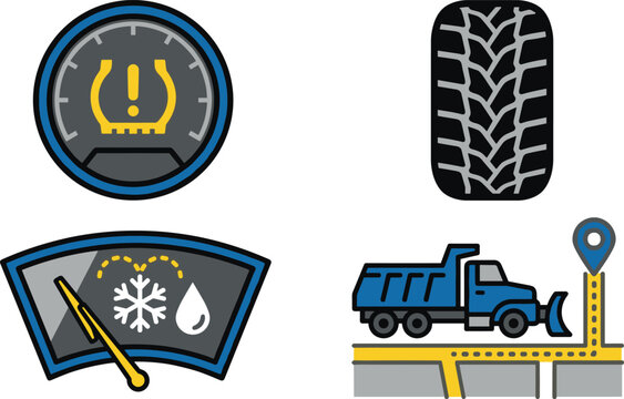 Car Dashboard Warning Lights and Winter Maintenance Icon Set featuring Tire Pressure TPMS Windshield Wiper Snowplow and Wheel Tread Vector