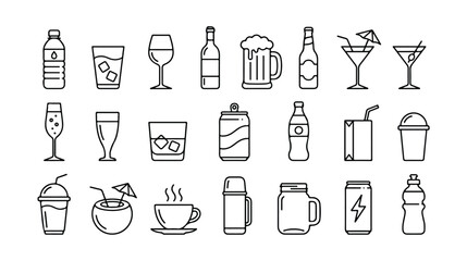 Beverage icons set, 25 drink vector line art symbols, refreshing drinks and alcoholic cocktails, water bottles, coffee, beer, and soda for menu design and web graphics. © Jamie