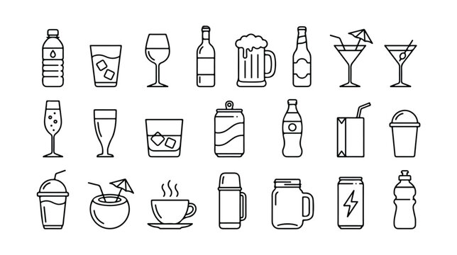 Beverage icons set, 25 drink vector line art symbols, refreshing drinks and alcoholic cocktails, water bottles, coffee, beer, and soda for menu design and web graphics.
