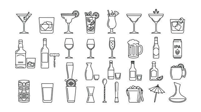 Alcoholic beverage vector icons, bar drinkware and liquor bottles, cocktail glasses and beer mugs, essential bartender tools, a comprehensive set for menus and hospitality design.